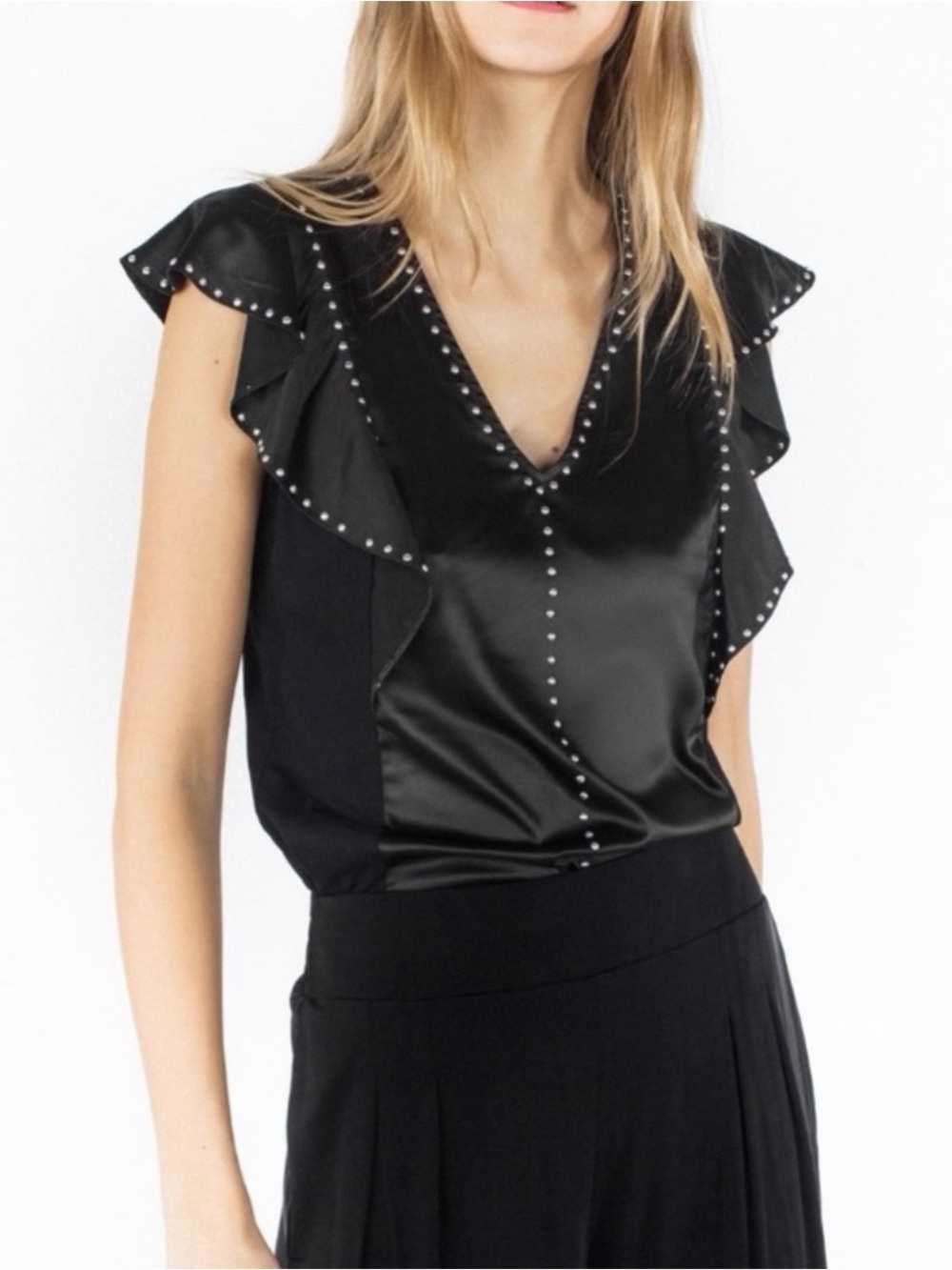 Generation Love Black Stud-Trim V-Neck Ruffle Blouse